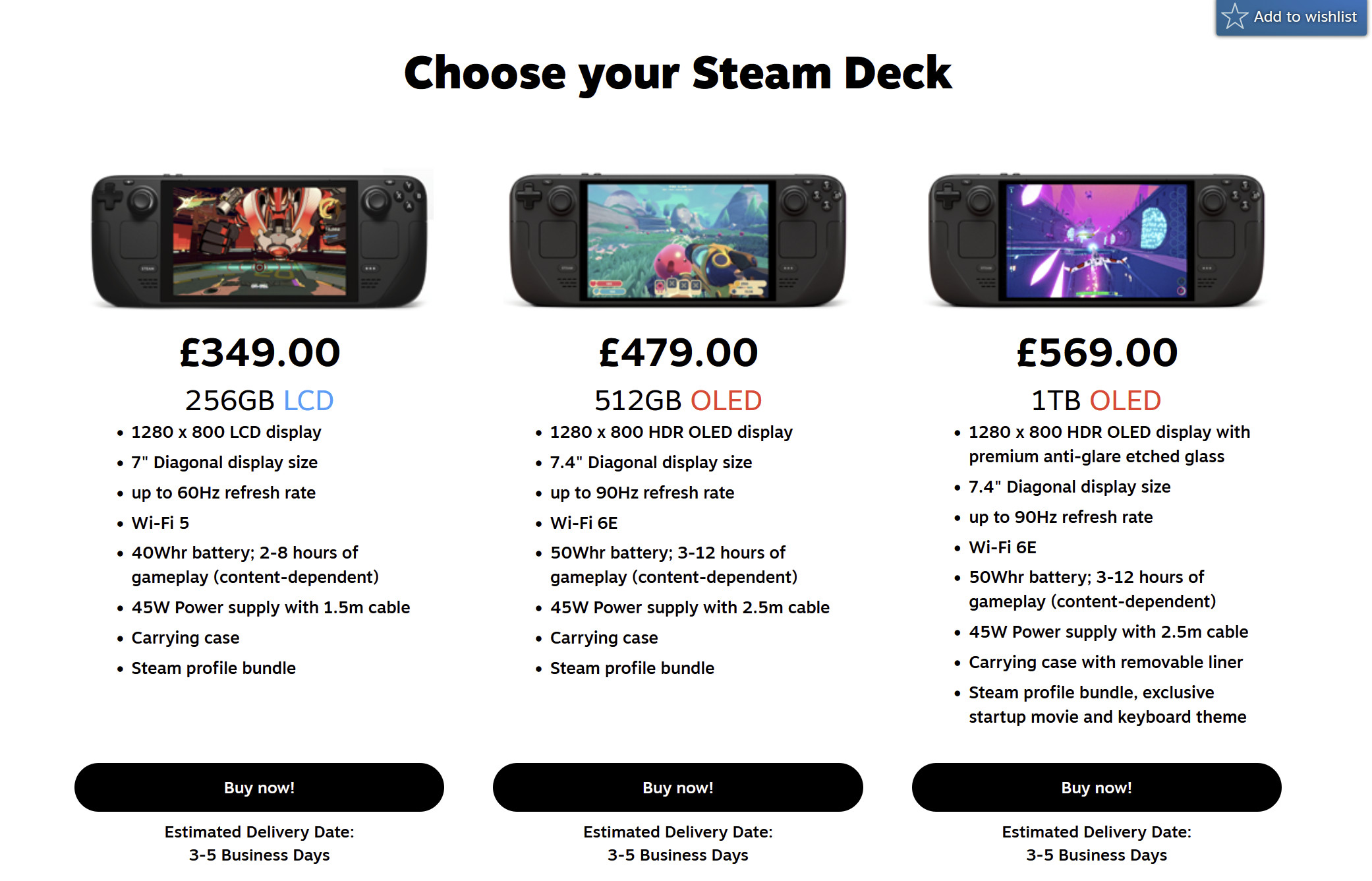 Screenshot of Steam Deck models on Steam