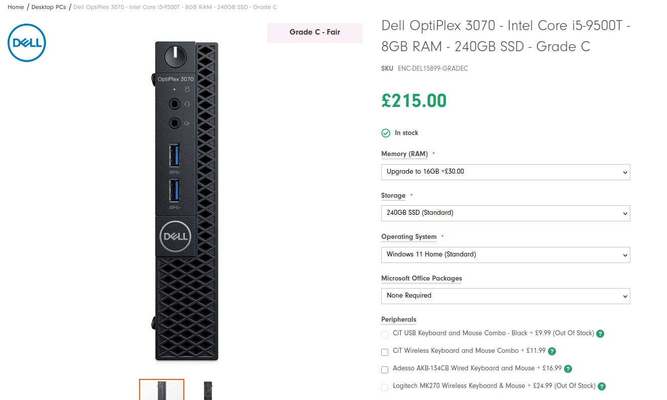 Dell OptiPlex 3070 - Intel Core i5-9500T - 8GB RAM - 240GB SSD - Grade C